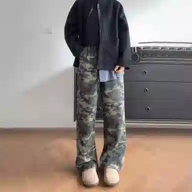 佑麟 美式水洗迷彩高腰卫裤秋季高级感潮牌运动裤弯刀直筒裤子休闲裤 男女同款