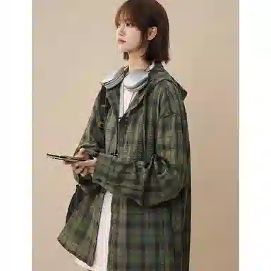 佑麟 美式复古连帽格子衬衫男长袖潮牌情侣泡泡纱衬衣夏季薄款防晒外套上衣 男女同款
