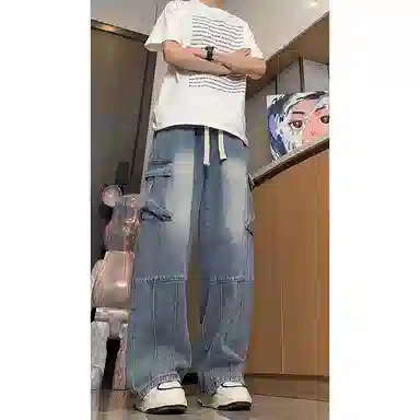 佑麟 拼接工装夏季美式痞帅大口袋阔腿裤子直筒弯刀休闲裤牛仔裤 男女同款