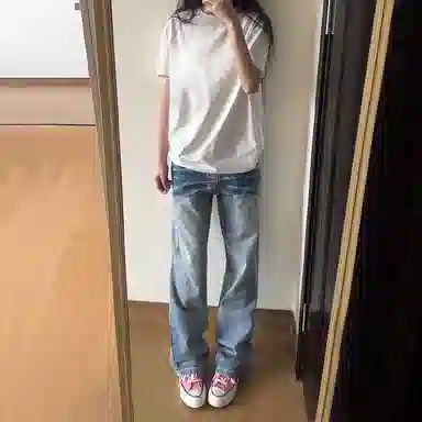 佑麟 美式高街提档微喇裤子高级感窄版显瘦直筒裤闪电裂纹牛仔裤 男女同款