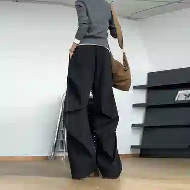 佑麟 黑色褶皱微喇西裤秋季痞帅高级感垂坠感直筒裤子宽松阔腿西装裤 男女同款