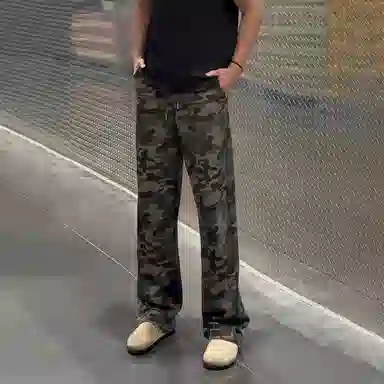佑麟 美式复古迷彩裤直筒运动卫裤宽松阔腿裤子垂感高腰休闲裤 男女同款