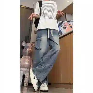 佑麟 拼接工装夏季美式痞帅大口袋阔腿裤子直筒弯刀休闲裤牛仔裤 男女同款