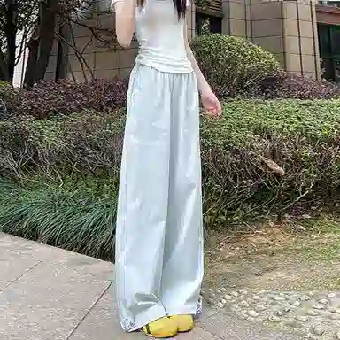 佑麟 藏青色冰丝速干裤子夏季薄款软壳弯刀裤高腰直筒宽松阔腿裤休闲裤 男女同款