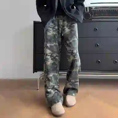 佑麟 美式水洗迷彩高腰卫裤秋季高级感潮牌运动裤弯刀直筒裤子休闲裤 男女同款
