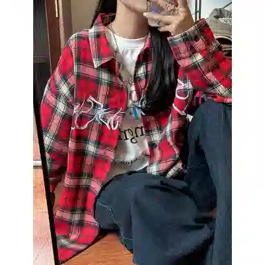 佑麟 格子设计感美式复古宽松潮牌格纹外套长袖衬衫 男女同款