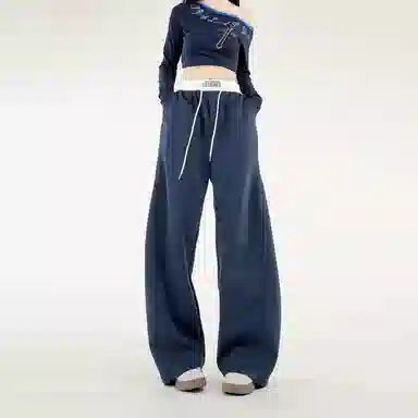 佑麟 美式弯刀裤子秋季高腰头拼接阔腿卫裤直筒休闲裤 男女同款