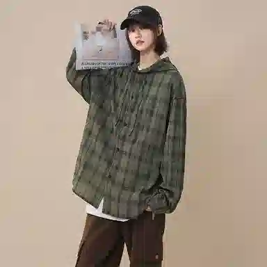 佑麟 美式复古连帽格子衬衫男长袖潮牌情侣泡泡纱衬衣夏季薄款防晒外套上衣 男女同款