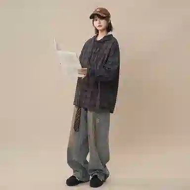 佑麟 美式复古连帽格子衬衫男长袖潮牌情侣泡泡纱衬衣夏季薄款防晒外套上衣 男女同款