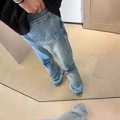 佑麟 美式高街提档微喇裤子高级感窄版显瘦直筒裤闪电裂纹牛仔裤 男女同款