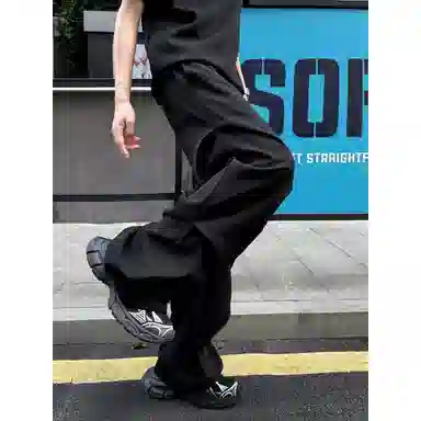 佑麟 黑色速干褶皱弯刀西裤夏季薄款冰丝伞兵裤美式微喇直筒阔腿裤休闲裤 男女同款