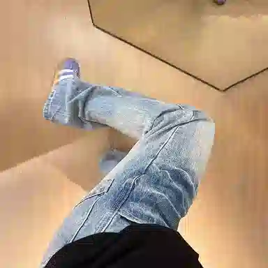 佑麟 美式高街提档微喇裤子高级感窄版显瘦直筒裤闪电裂纹牛仔裤 男女同款