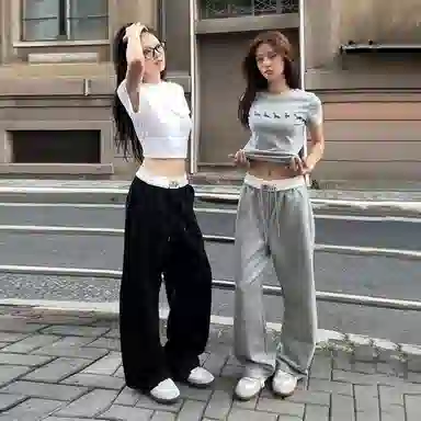 佑麟 美式弯刀裤子秋季高腰头拼接阔腿卫裤直筒休闲裤 男女同款