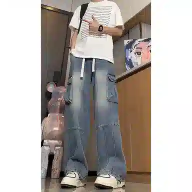 佑麟 拼接工装夏季美式痞帅大口袋阔腿裤子直筒弯刀休闲裤牛仔裤 男女同款