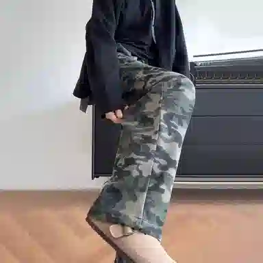 佑麟 美式水洗迷彩高腰卫裤秋季高级感潮牌运动裤弯刀直筒裤子休闲裤 男女同款