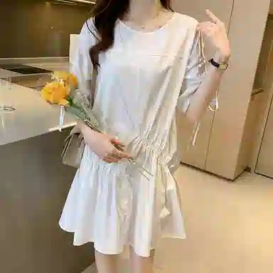 木清清 不规则通勤简约韩版抽褶裙子短袖连衣裙 女款