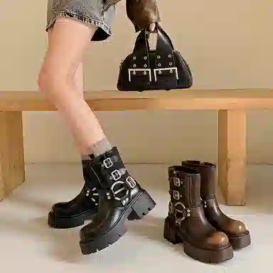 牛皮 圆头擦色金属厚底潮流简约复古百搭 短靴 女款