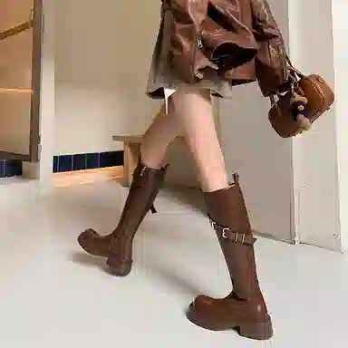 牛皮革 经典圆头设计复古时尚纯色简约 高筒靴 女款