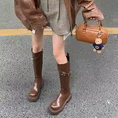 牛皮革 经典圆头设计复古时尚纯色简约 高筒靴 女款