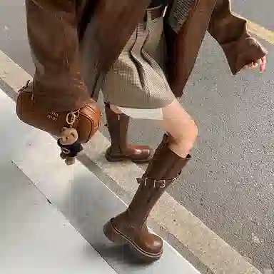 牛皮革 经典圆头设计复古时尚纯色简约 高筒靴 女款