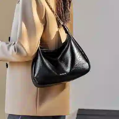 纳兰杜 时尚百搭通勤休闲软皮托特包 牛皮 链条包腋下包单肩包 大号 女款 子夜黑/米白色