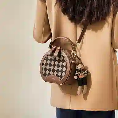 纳兰杜 包包女小众个性高级感时尚潮流通勤女包百搭 织物配合成革 小圆包手提斜挎包单肩包 中号 女款 咖色