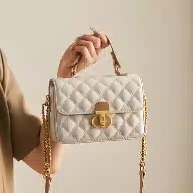 纳兰杜 休闲简约时尚百搭 牛剖层革拼合成革 单肩斜挎包 中号 女款 米白拼杏/子夜黑