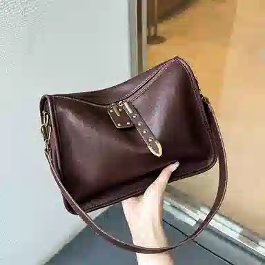 纳兰杜 高级通勤百搭软皮休闲简约 牛皮拼合成革 斜挎包 中号 女款 植鞣咖色