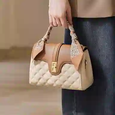 纳兰杜 手提包女高级感时尚百搭优雅女士包气质妈妈款包包洋气品牌女包 头层牛皮 单肩包斜挎包 小号 女款 米白拼杏色/大象灰