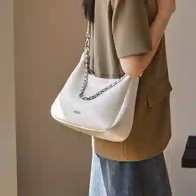 纳兰杜 时尚百搭通勤休闲软皮托特包 牛皮 链条包腋下包单肩包 大号 女款 子夜黑/米白色