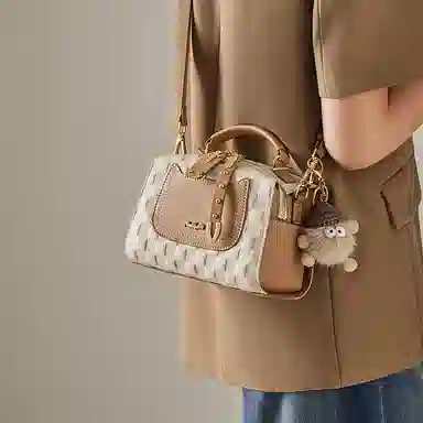 纳兰杜 女包撞色波士顿包包女大容量百搭通勤简约 牛皮合成革 手提包单肩斜挎包手拎包 小号 女款 米白拼杏