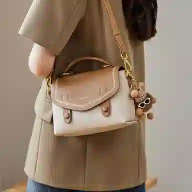 纳兰杜 女包百搭高级感小众品牌通勤休闲潮流实用 牛剖层革拼合成革 手提包斜挎包单肩包 小号 女款 米白拼杏/可可棕