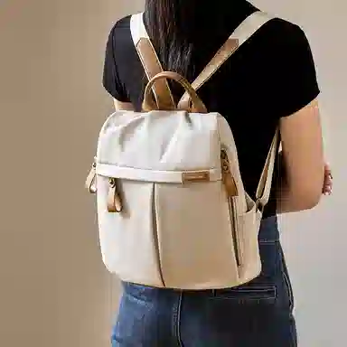 纳兰杜 大容量轻便休闲简约时尚高级感学生高中生初中生 织物 背包双肩包 大号 女款 米白色/子夜黑