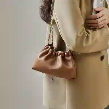 纳兰杜 时尚潮流女生链条包高级感小众品牌百搭褶皱 牛皮 小包女包单肩包 小号 女款 棕色/燕麦色/子夜黑