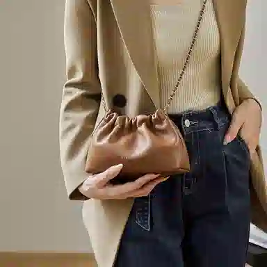 纳兰杜 时尚潮流女生链条包高级感小众品牌百搭褶皱 牛皮 小包女包单肩包 小号 女款 棕色/燕麦色/子夜黑
