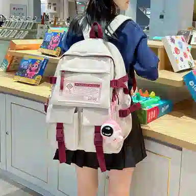 纳兰杜 大容量学生书包轻便潮流通勤双肩包大学生初中生高中生百搭款背包 织物配合成革 电脑包旅行包 大号 女款 米白拼红