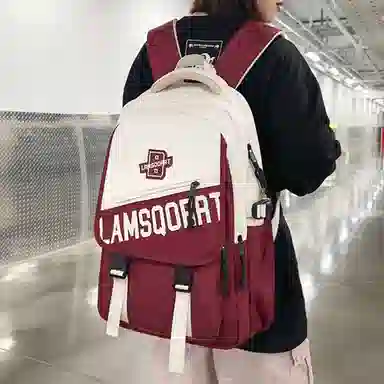 纳兰杜 学生百搭休闲小众设计感背包 织物 双肩包 大号 男女同款情侣款 酒红色/黑色