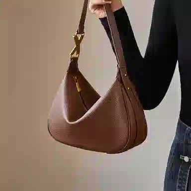 纳兰杜 韩系时尚百搭高级感大容量纯色软皮腋下通勤 头层牛皮拼合成革 饺子包月牙包单肩包 女款 大象灰/咖色