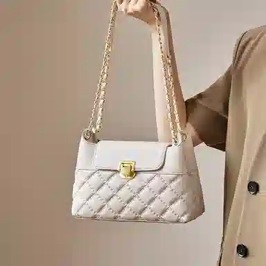 纳兰杜 包包女包潮流百搭精致通勤女生小众品牌 牛皮合成革 链条包菱格包单肩斜挎包小方包 中号 女款 米白色