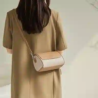 纳兰杜 流行时尚拼色高级感设计感百搭大容量 牛皮 小圆包圆筒包单肩斜挎包 常规 女款 米白配咖色/奶茶配杏色