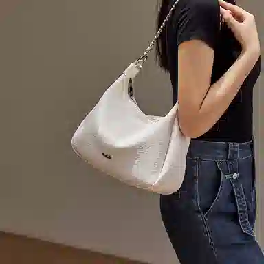 纳兰杜 时尚百搭通勤休闲软皮托特包 牛皮 链条包腋下包单肩包 大号 女款 子夜黑/米白色