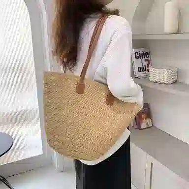 纳兰杜 通勤百搭休闲 织物拼合成革 单肩包 女款 卡其色 大号