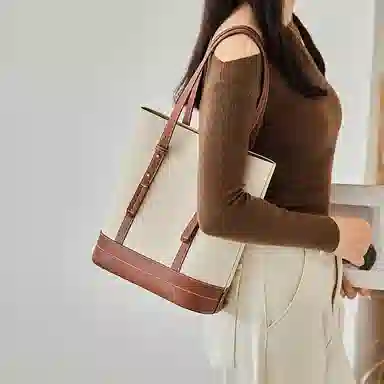 纳兰杜 时尚休闲实用大容量包包百搭款通勤质感优雅女包 头层牛皮 手提包托特包斜挎包单肩包 大号 女款 米白配棕色