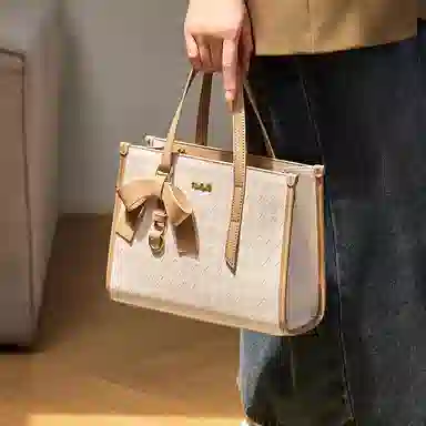 纳兰杜 女包通勤百搭大容量实用休闲女士包包 牛皮拼合成革 手提包托特包单肩包斜挎包 常规 女款 米白拼杏/子夜黑