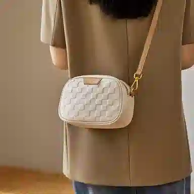 纳兰杜 女包休闲百搭通勤精致小众品牌包包 头层牛皮 小方包单肩斜挎包 小号 女款 米白拼杏/大象灰