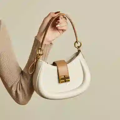 纳兰杜 高级感时尚包包女百搭少女包潮流小众设计感 合成革 马鞍包腋下包斜挎包单肩包 小号 女款 米白拼杏