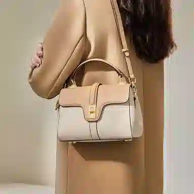 纳兰杜 手提包女高级感时尚百搭优雅女士包气质妈妈款包包洋气品牌女包 头层牛皮 单肩包斜挎包 小号 女款 米白拼杏色/大象灰