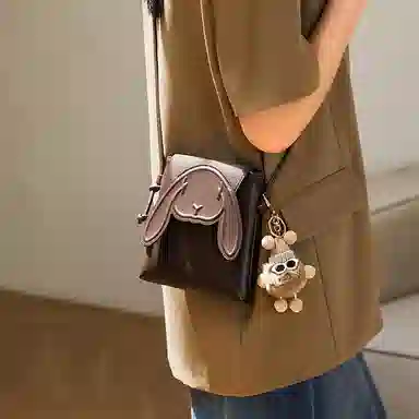 纳兰杜 小众卡通可爱兔子设计休闲简约时尚百搭 合成革 手机包 迷你 女款 太空银/咖色