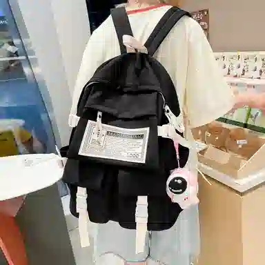 纳兰杜 大容量学生书包轻便潮流通勤双肩包大学生初中生高中生百搭款背包 织物配合成革 电脑包旅行包 大号 女款 米白拼红