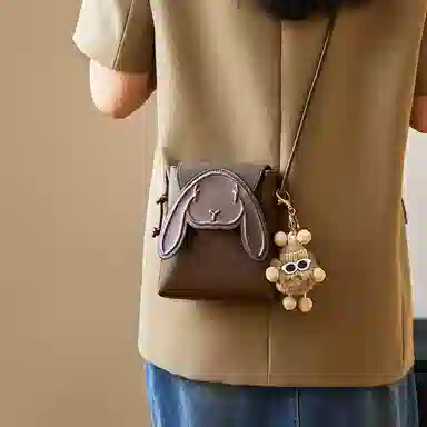 纳兰杜 小众卡通可爱兔子设计休闲简约时尚百搭 合成革 手机包 迷你 女款 太空银/咖色